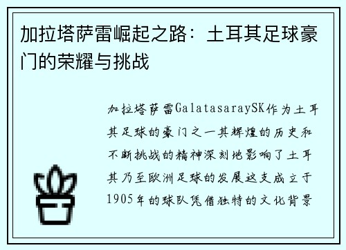 加拉塔萨雷崛起之路:土耳其足球豪门的荣耀与挑战 加拉塔萨雷崛起之路:土耳其足球豪门的荣耀与挑战
