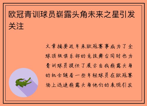 欧冠青训球员崭露头角未来之星引发关注 欧冠青训球员崭露头角未来之星引发关注